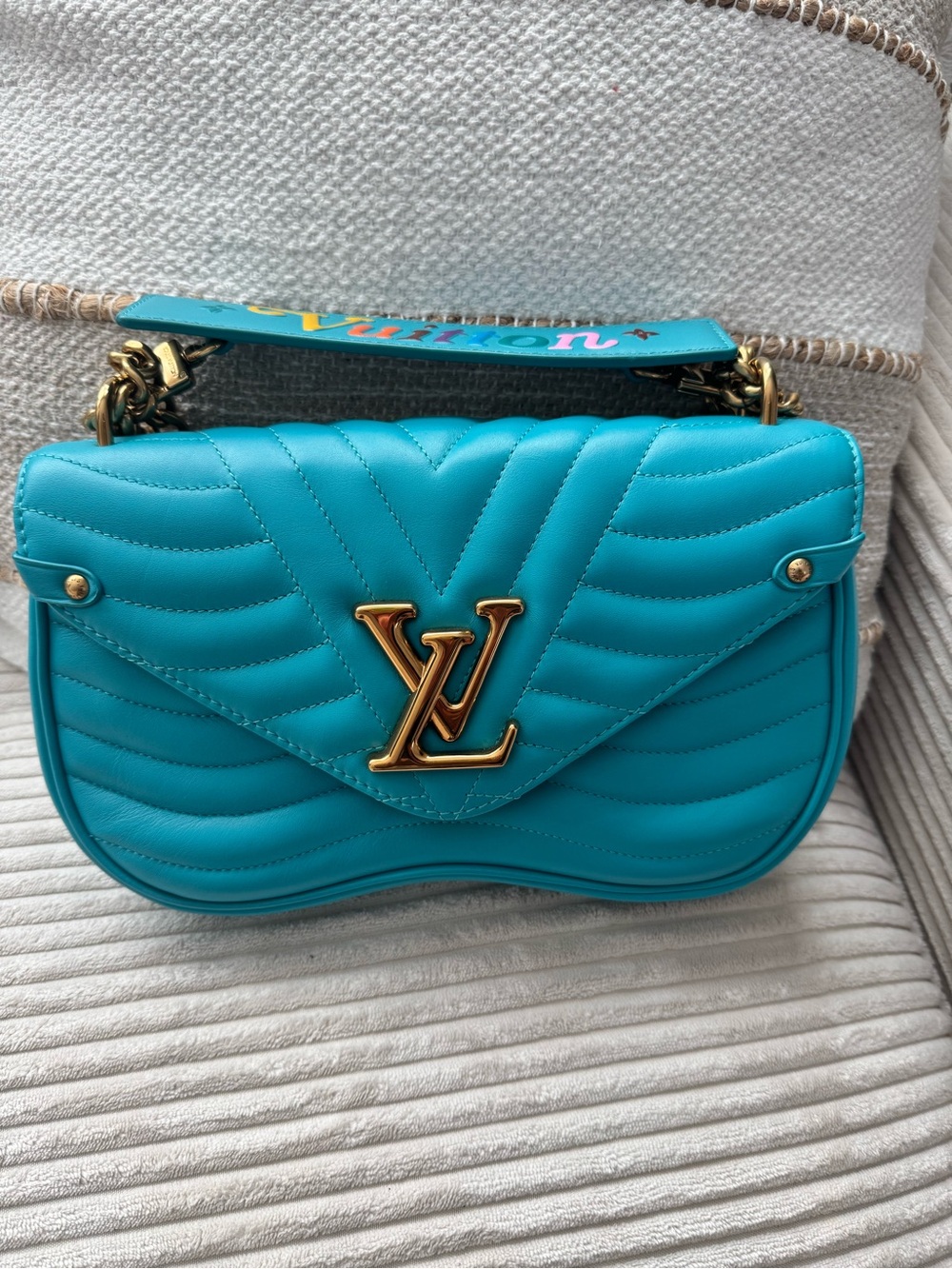 Louis Vuitton Turquoise Quilted Shoulder Bag with Gold LV Hardware
